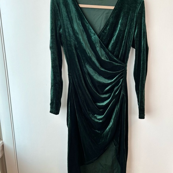 Velvet Wrap V Neck Long Sleeve Split Wrap Dress - Green, Large, New - Picture 4 of 5